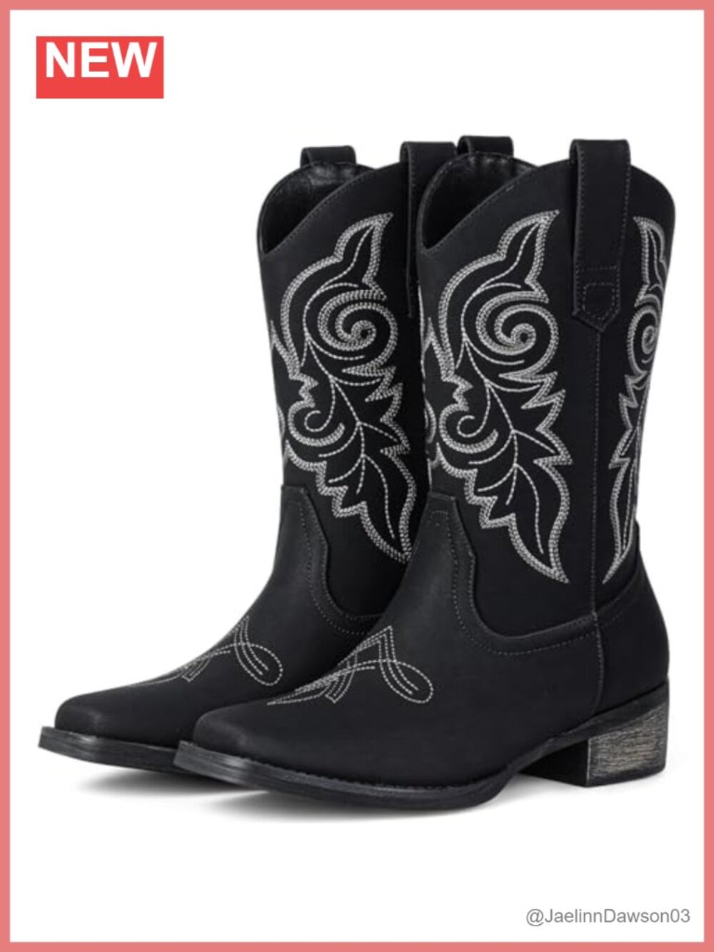 Faux Leather Square Toe Mid Calf Cowboy Boots Low Chunky Heel Pull On